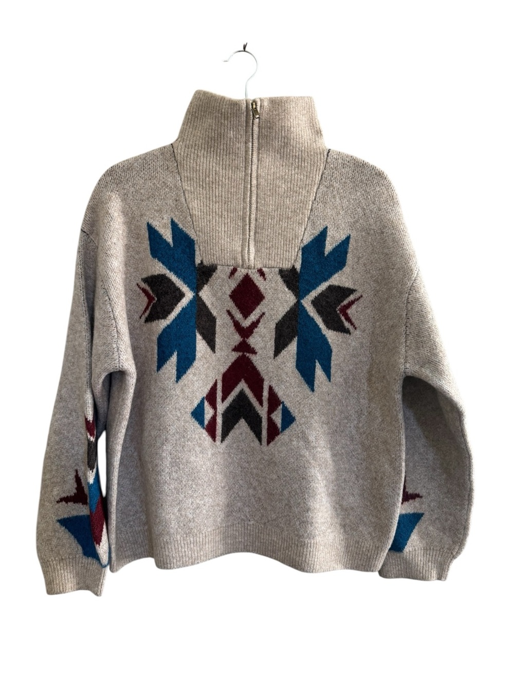 Ariat Fire Canyon sweater Medium oatmeal blue 1/4 zip #NE285